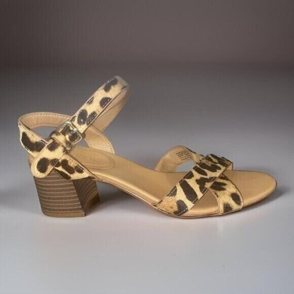 J.Crew Leopard Print Calf Hair Ankle Strap Low Block-Heel Sandals Size 8.5 - Picture 1 of 10
